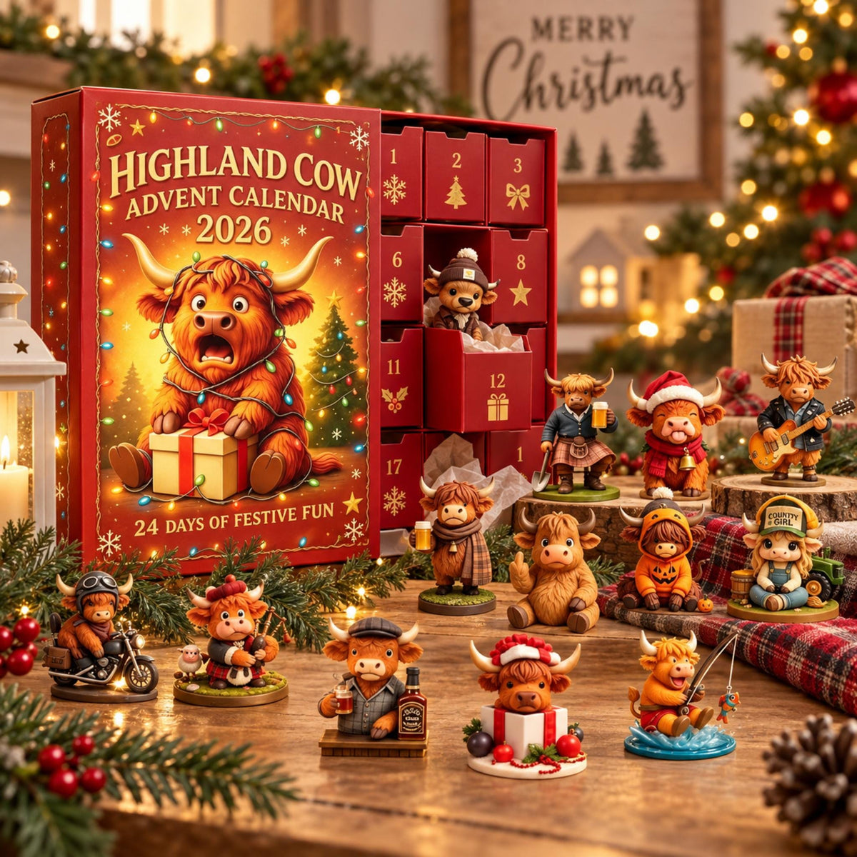 24 Days Christmas Highland Cow Advent Calendar 2026, Figurines Farmhouse Holiday Decor LM32 670173