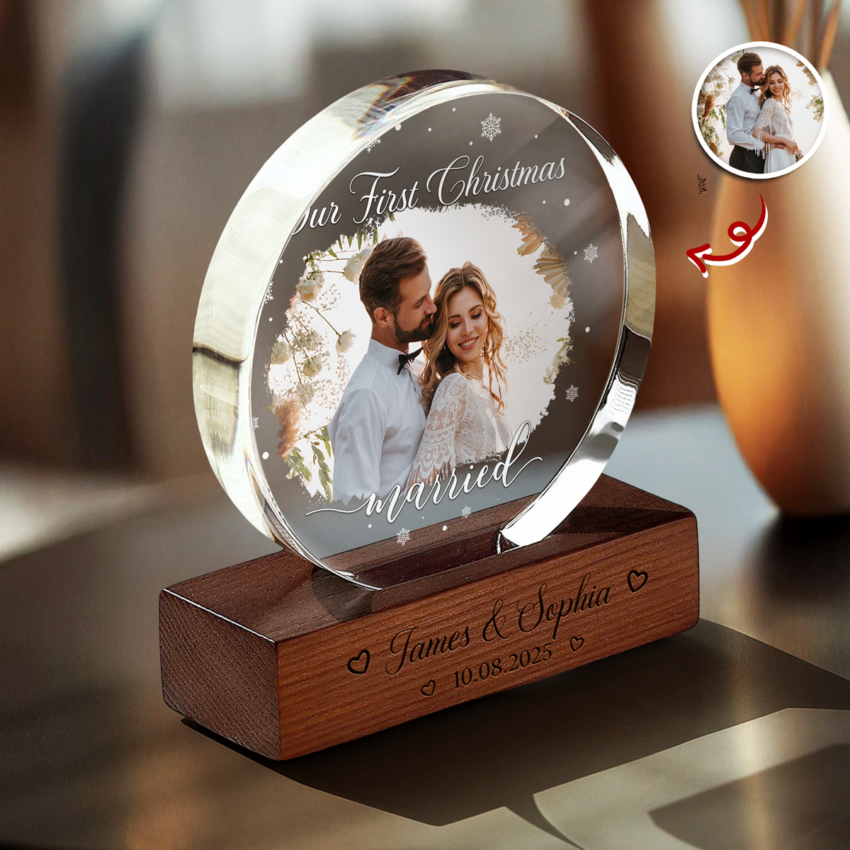 Custom Photo Our First Christmas As Mr & Mrs Couple Round Acrylic Frame Block HA75 898012