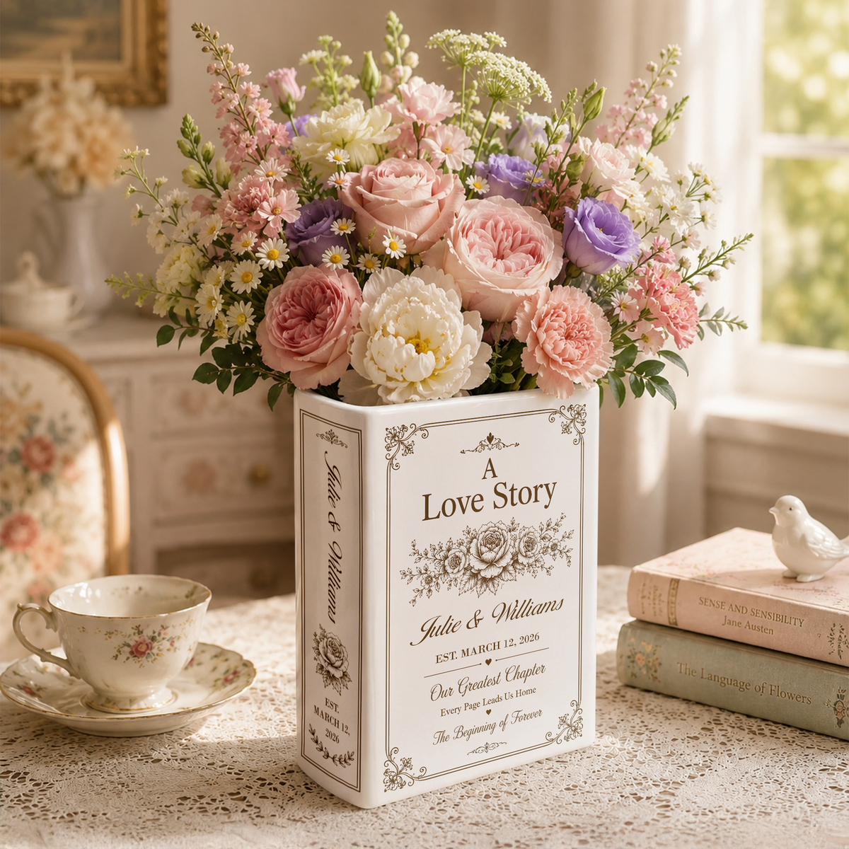 Personalized A Love Story Toile De Jouy Ceramic Book Vase Bridal Shower Gift, Engagement Gift CH07 180436
