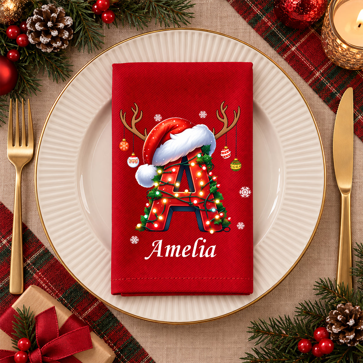 Personalized Letter Name Christmas Reusable Cotton Napkin HO82 903722