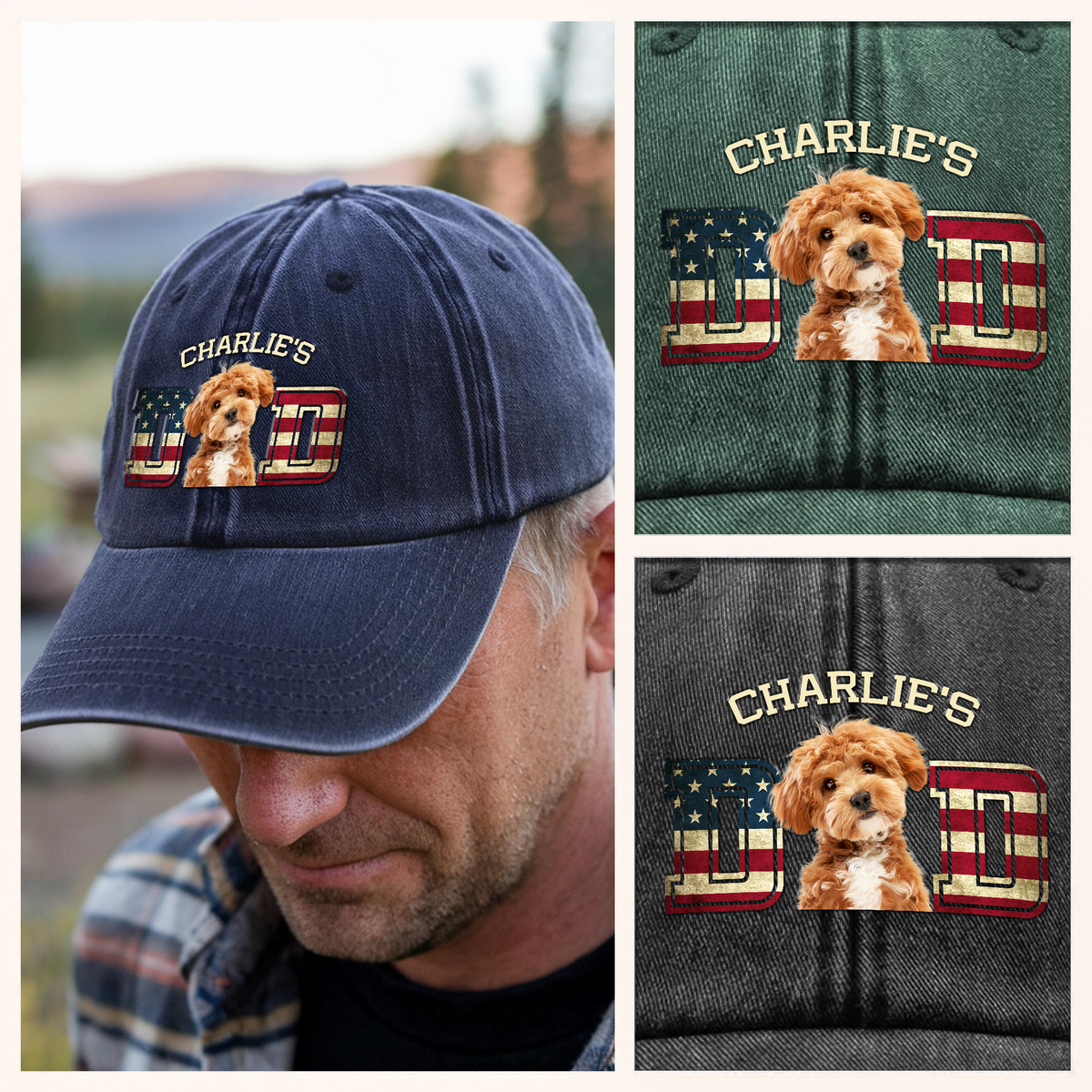 Custom Photo Dog Cat Dad Washed Denim Baseball Cap Ver US Flag Vintage HA75 892530