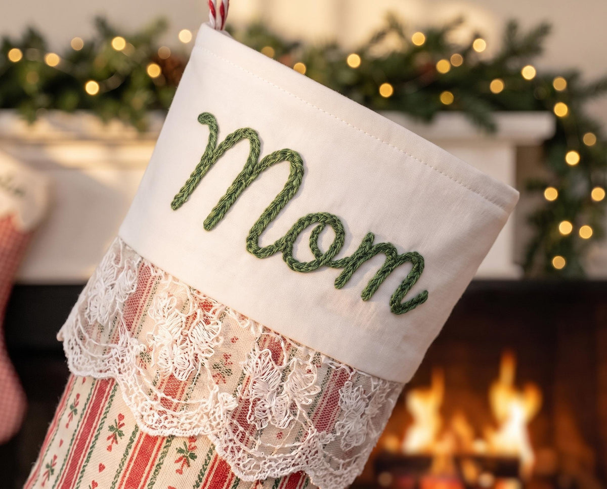 Personalized Embroidered Name Christmas Stocking Plaid & Stripe Holiday Stocking with Optional Bow CH07 180814