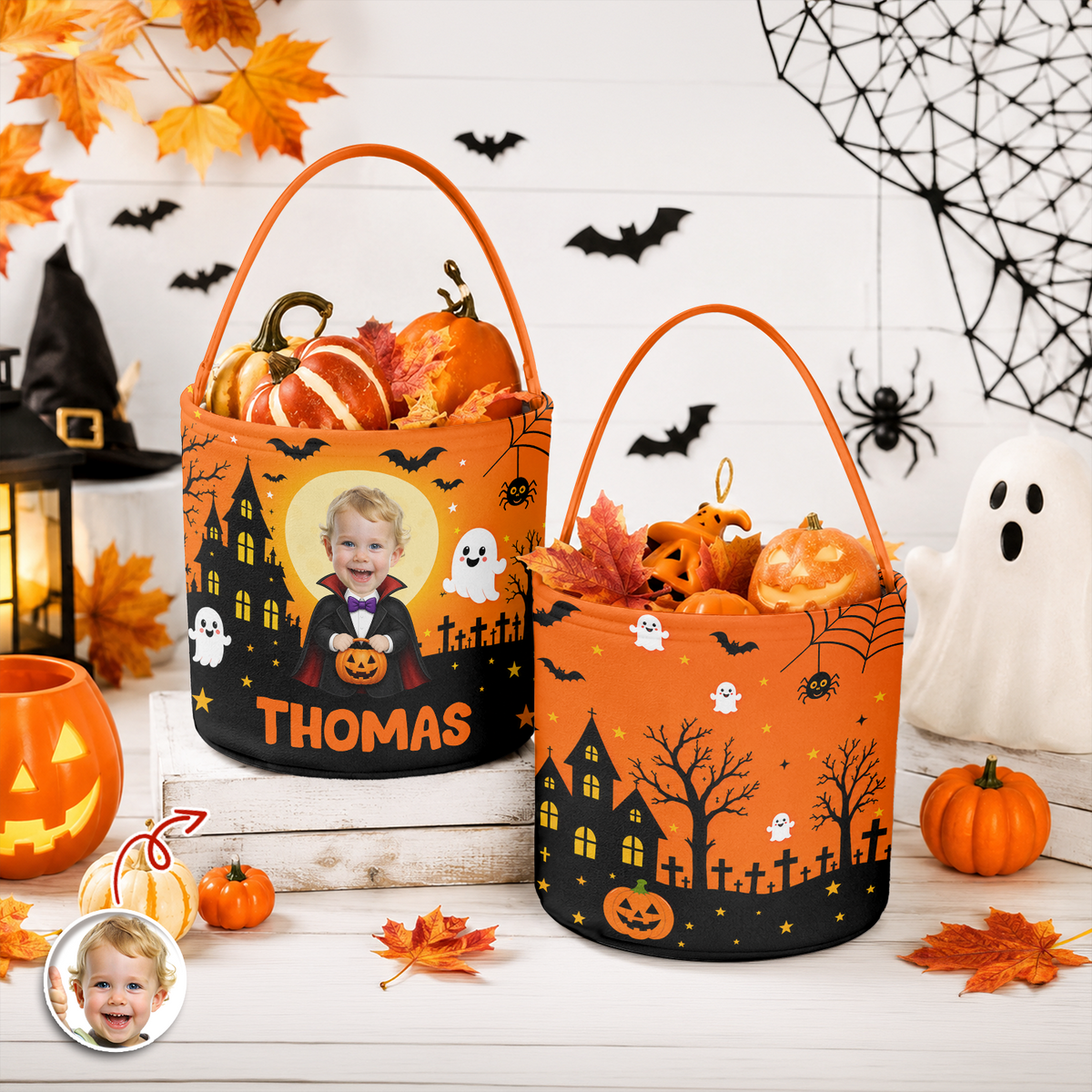 Custom Face Photo Little Vampire Trick or Treat Basket - Kids Halloween Gift HO82 903170