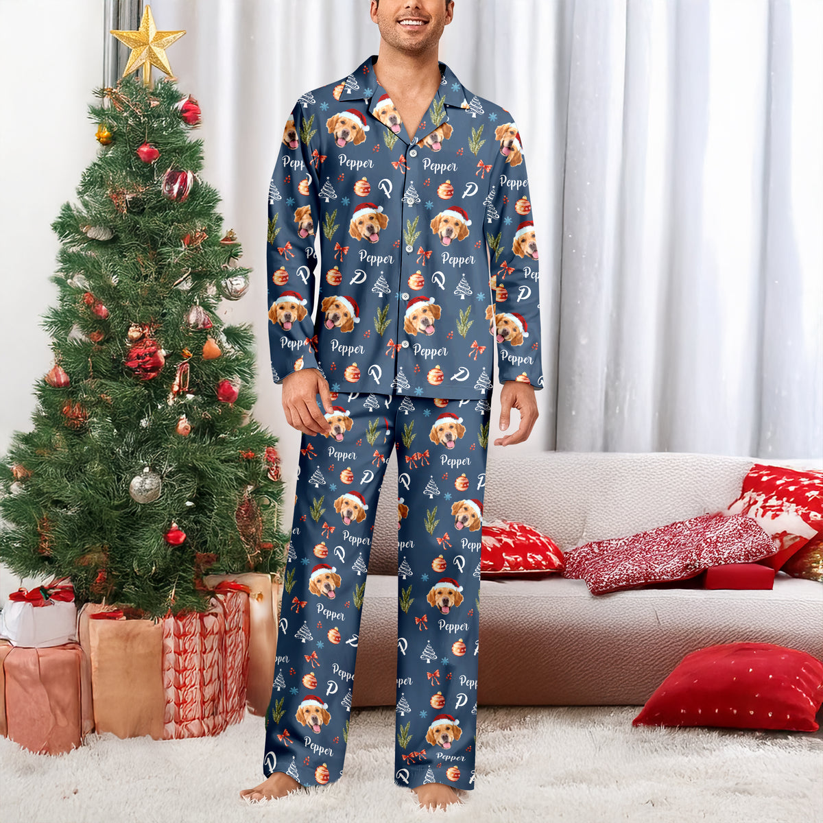 Custom Photo Santa Claus Pine Tree Snowflakes Long Pajamas LM32 895635