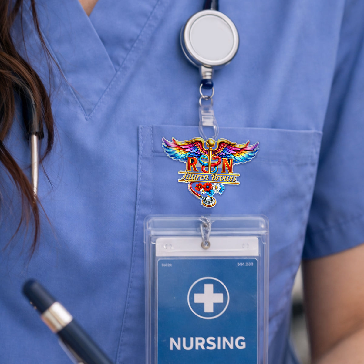 Custom Name RN Nurse With Caduceus Wings & Stethoscope Acrylic Pin HO82 901964