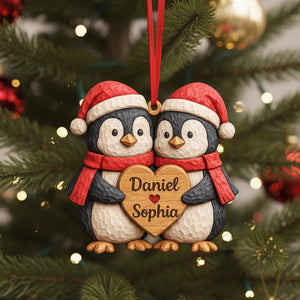 Personalized Penguin Couple First Christmas 2 Layers Wooden Ornament LM32 897519