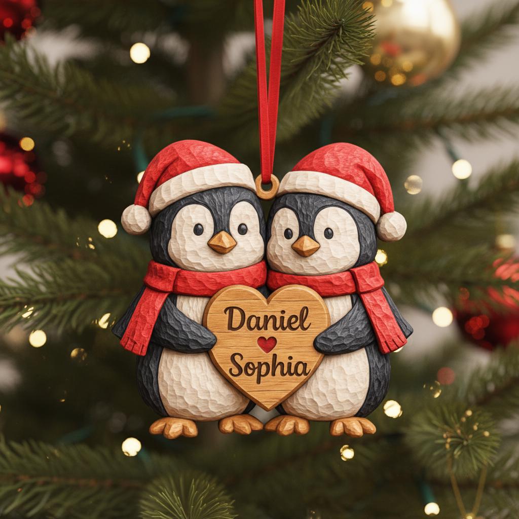 Personalized Penguin Couple First Christmas 2 Layers Wooden Ornament LM32 897519