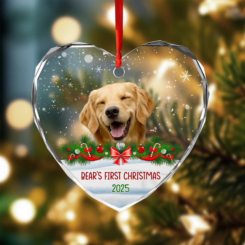 Custom Photo Dog Cat Christmas Heart Shaped Glass Ornament HA75 898092