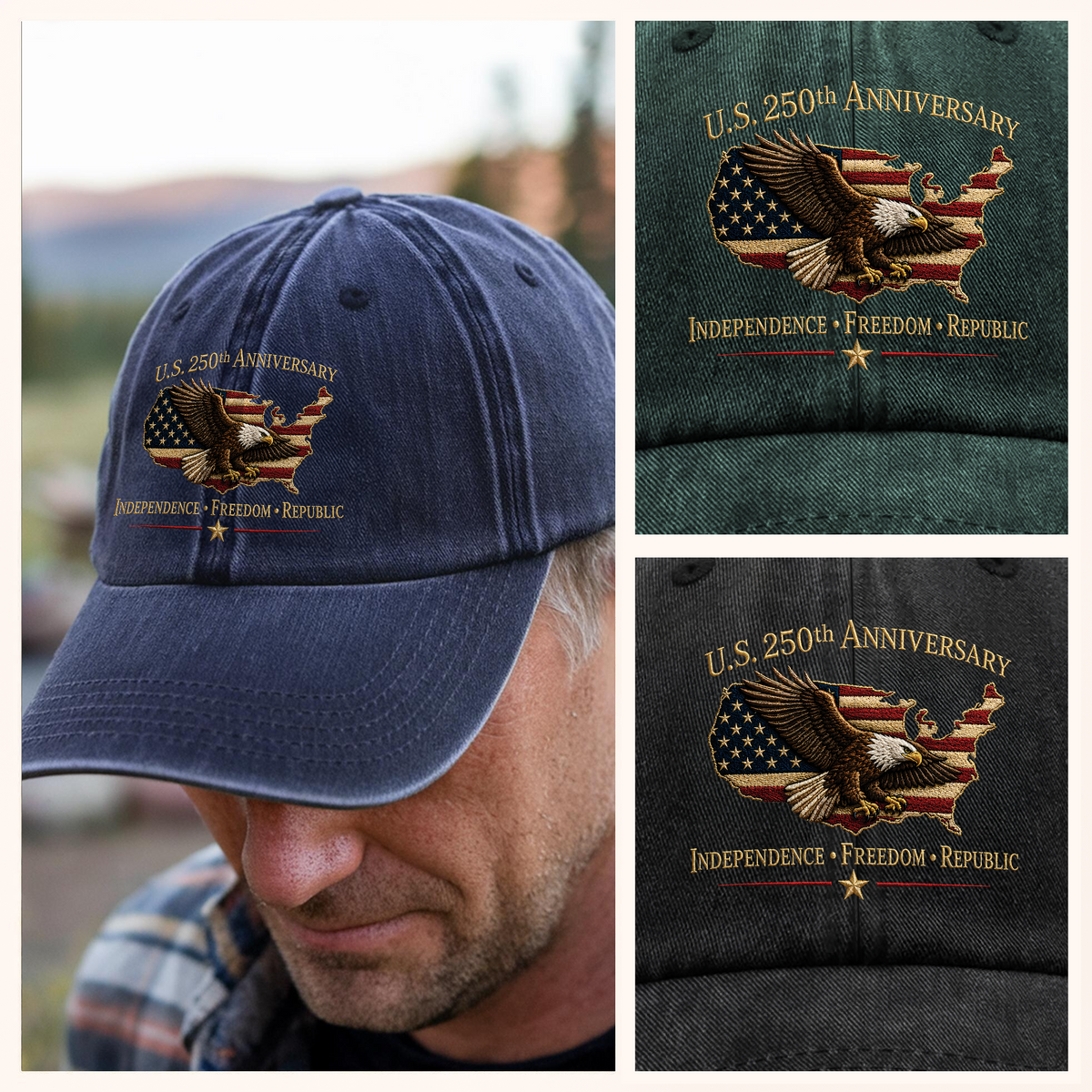 US 250th Anniversary 1776 - 2026 Independence Freedom Republic Patriotic Washed Denim Baseball Cap TH10 169641