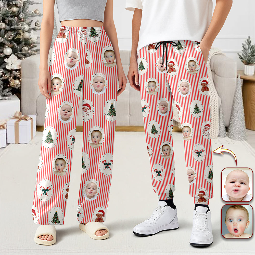 Custom Cute Photo Santa Christmas Green Tree Striped Pattern Sweatpants LM32 897419