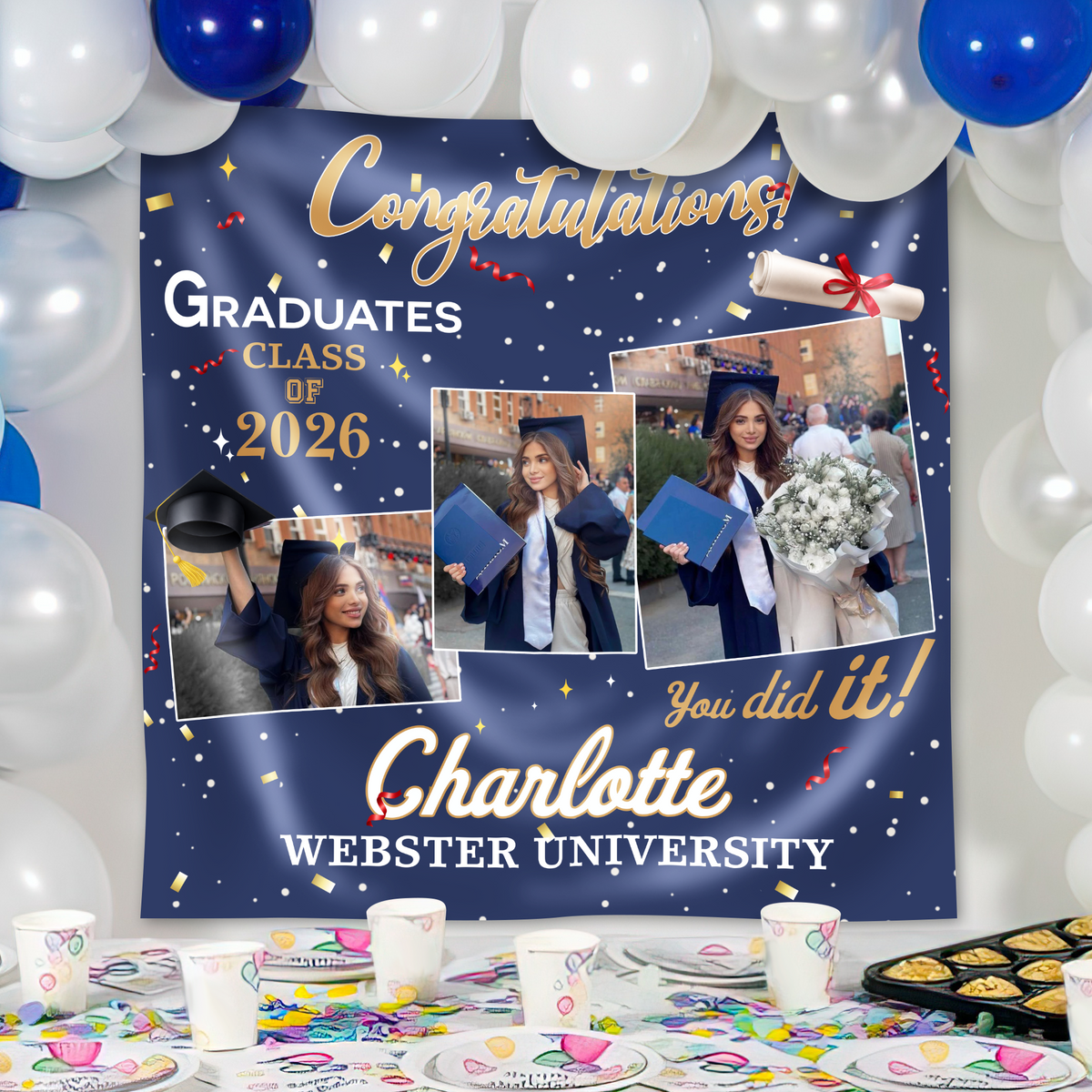 Personalized Congratulations Graduation Backdrop with Photo Class of 2026 Party Decor CH07 910192