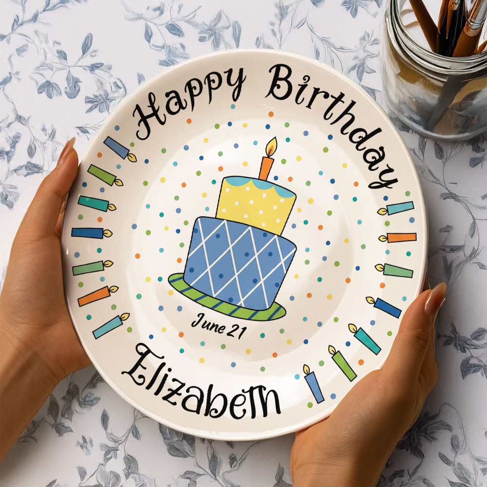 Custom Name Happy Birthday Cake & Candles Ceramic Plate - Personalized Birthday Gift LM32 669411