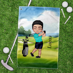 Personalised Soft Quick Dry Cartoon Character Golf Waffle Towel with Carabiner Golf Accessories Birthday Gift for Golf Player HO82 900916