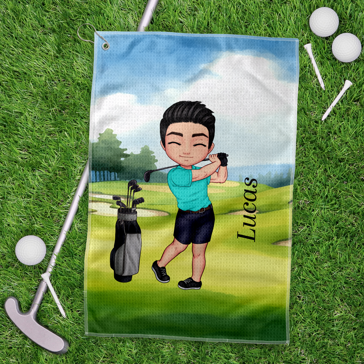 Personalised Soft Quick Dry Cartoon Character Golf Waffle Towel with Carabiner Golf Accessories Birthday Gift for Golf Player HO82 900916