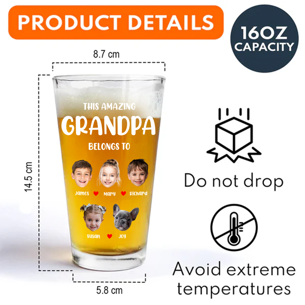 Custom Photo This Grandpa Belongs To Grandchildren Print Beer Glass Father's Day Gift HA75 892174