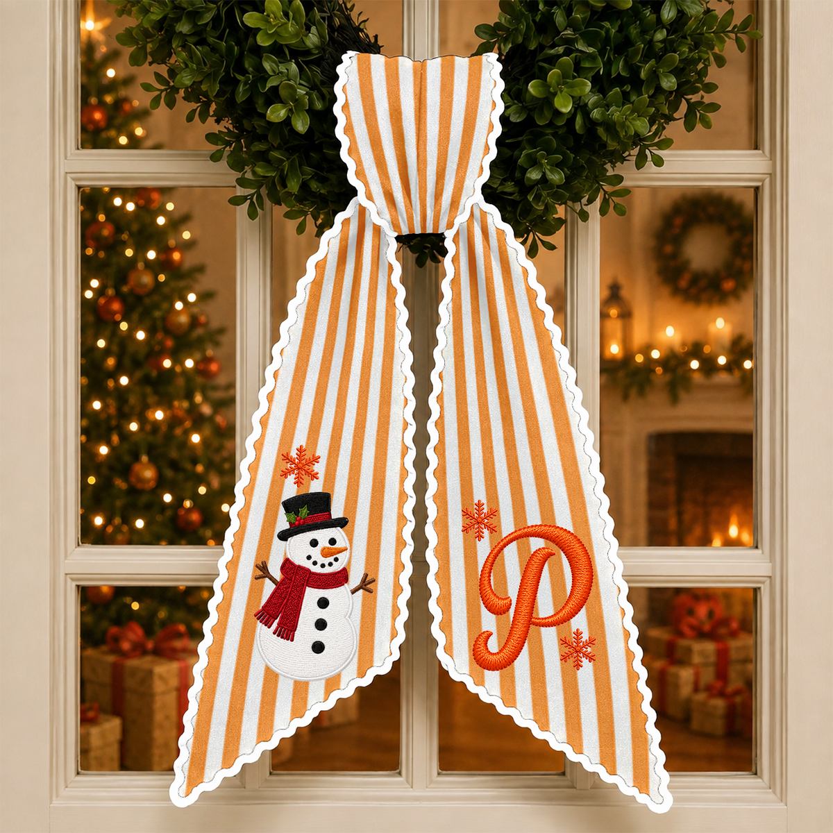 Personalized Letter Name Snowman Christmas Embroidered Wreath Sash, Festive Holiday Door Decor LM32 670205