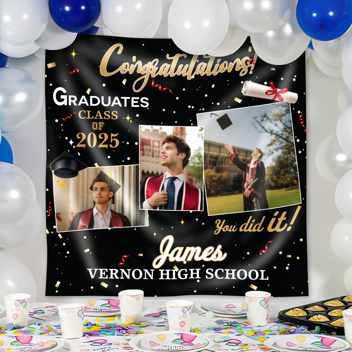 Personalized Congratulations Graduation Backdrop with Photo Class of 2026 Party Decor CH07 910192