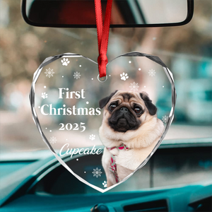 First Christmas With Cute Puppy And Snowflakes Custom Dog Photo Heart Glass Ornament CH07 896390