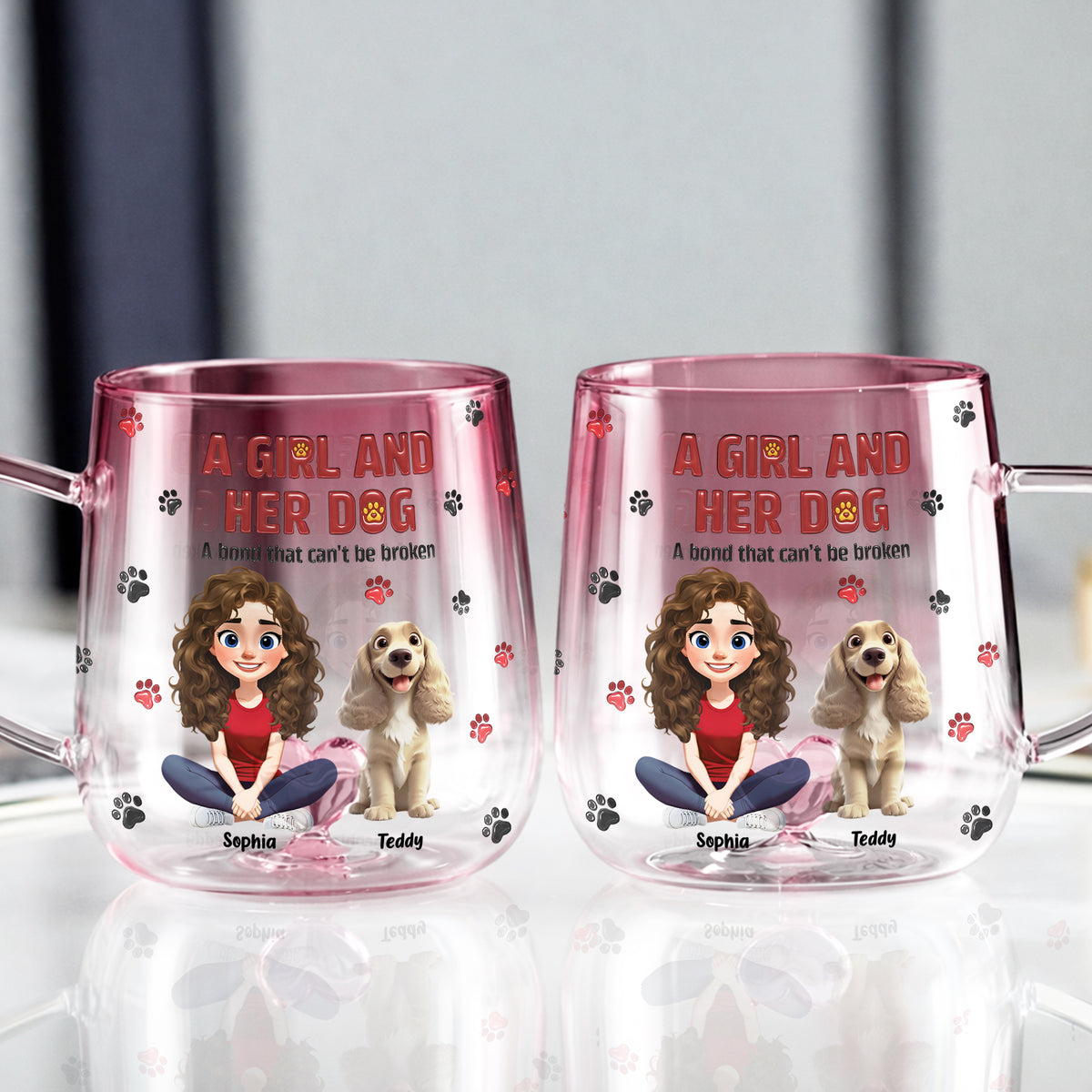 Personalized A Girl And Her Dog Pink Gradient Glass Mug - Gift For Dog Mom, Mother's Day HO82 901760