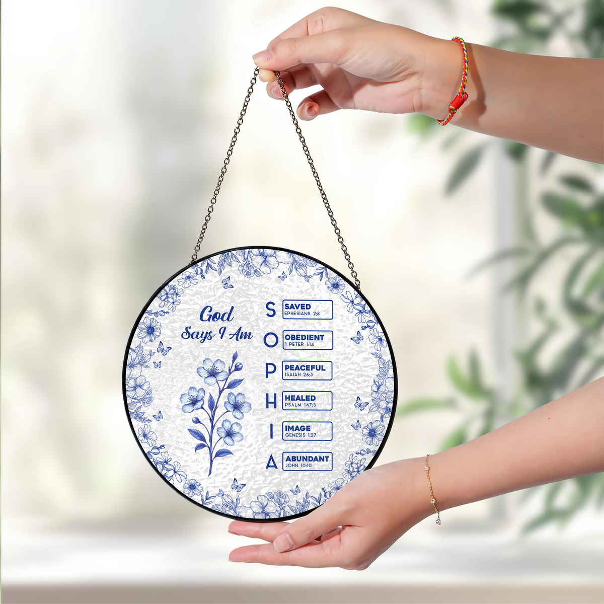 God Says I Am Name Letter In Bible Toile De Jouy Style - Personalized Stained Glass Suncatcher CH07 896962