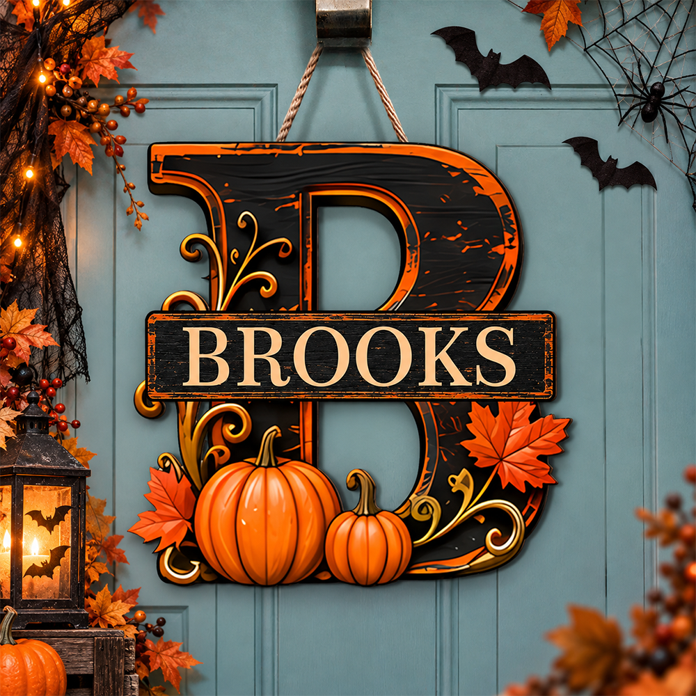 Custom Initial & Name Pumpkin Halloween Monogram Door Sign LM32 670003
