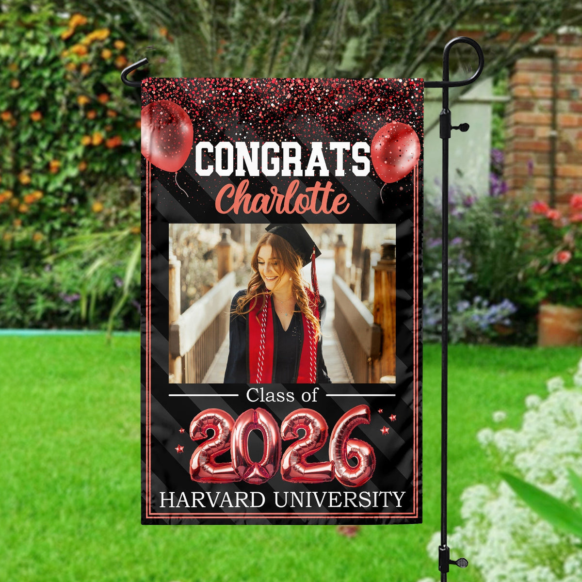 Custom Photo Congrats 2026 Multicolor Glitter Balloon Graduation Garden Flag HA75 920460