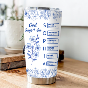 God Says I Am Name Letter In Bible Toile De Jouy Style - Personalized Fat Tumbler CH07 896824