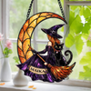 Custom Name Witch & Cat Halloween Stained Glass Suncatcher - Personalized Spooky Window Hanging CH07 180186