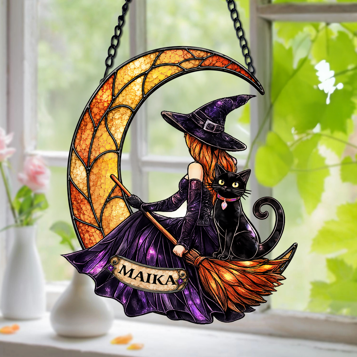 Custom Name Witch & Cat Halloween Stained Glass Suncatcher - Personalized Spooky Window Hanging CH07 180186