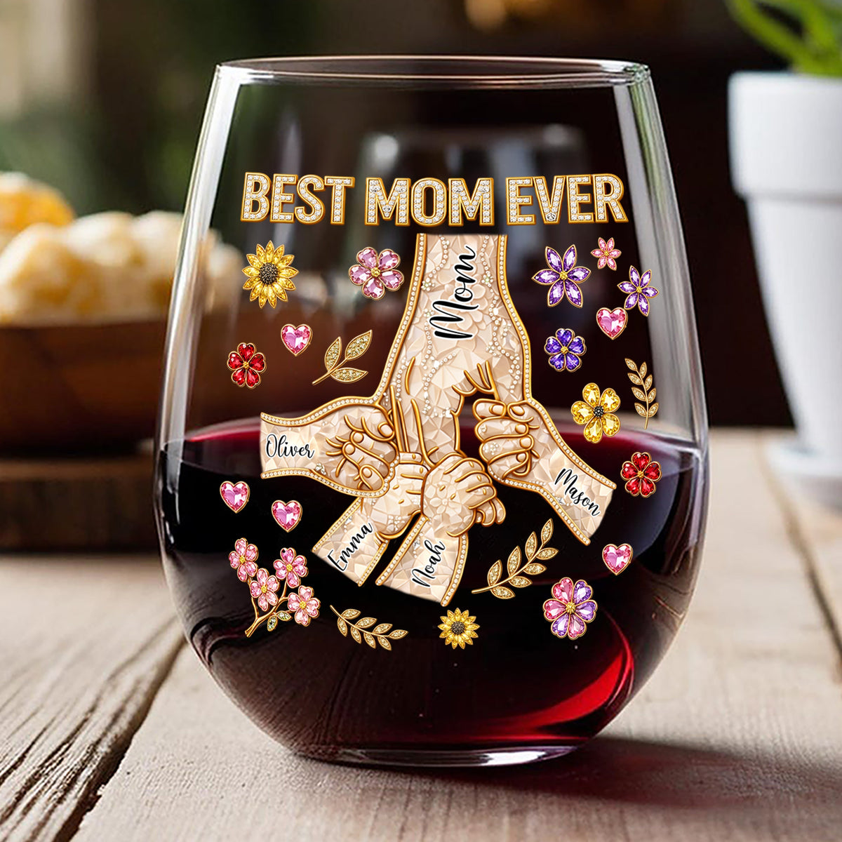 Best Mom Ever Personalized Holding Hand 3D Effect Wine Glass CH07 911196