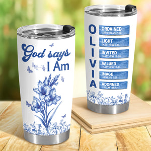 Custom Name Letter And Flower Toile De Jouy Style God Says I Am Fat Tumbler LM32 895357