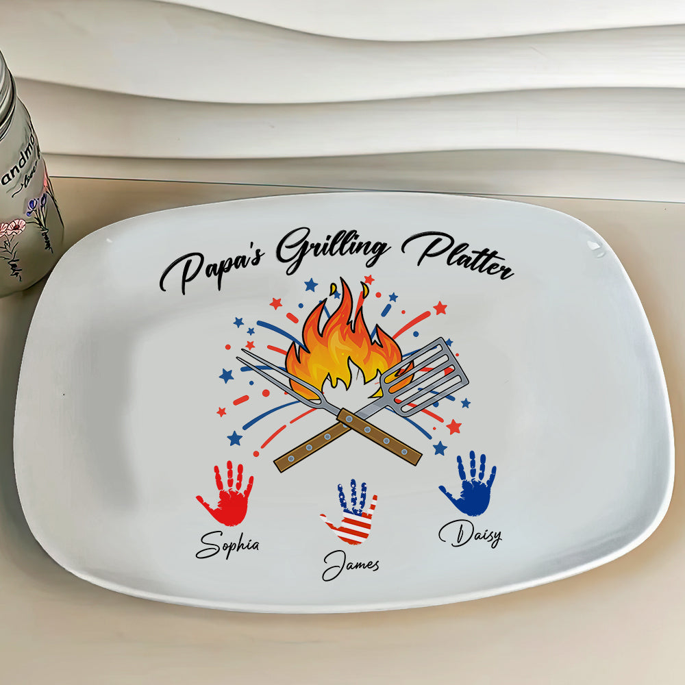 Custom Grandpa's Grilling Plate Independence Day Handprint Platter HO82 894206