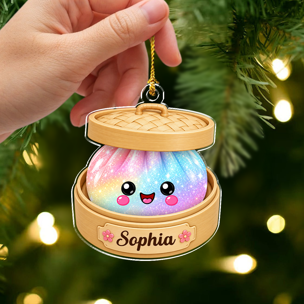 Personalized Glitter Dumpling Bamboo Steamer Acrylic Ornament, Food Lover Holiday Keepsake HO82 903732