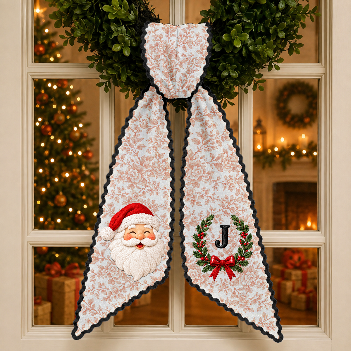 Personalized Monogram Letter Santa Claus Christmas Embroidered Wreath Sash, Festive Holiday Door Decor LM32 670203
