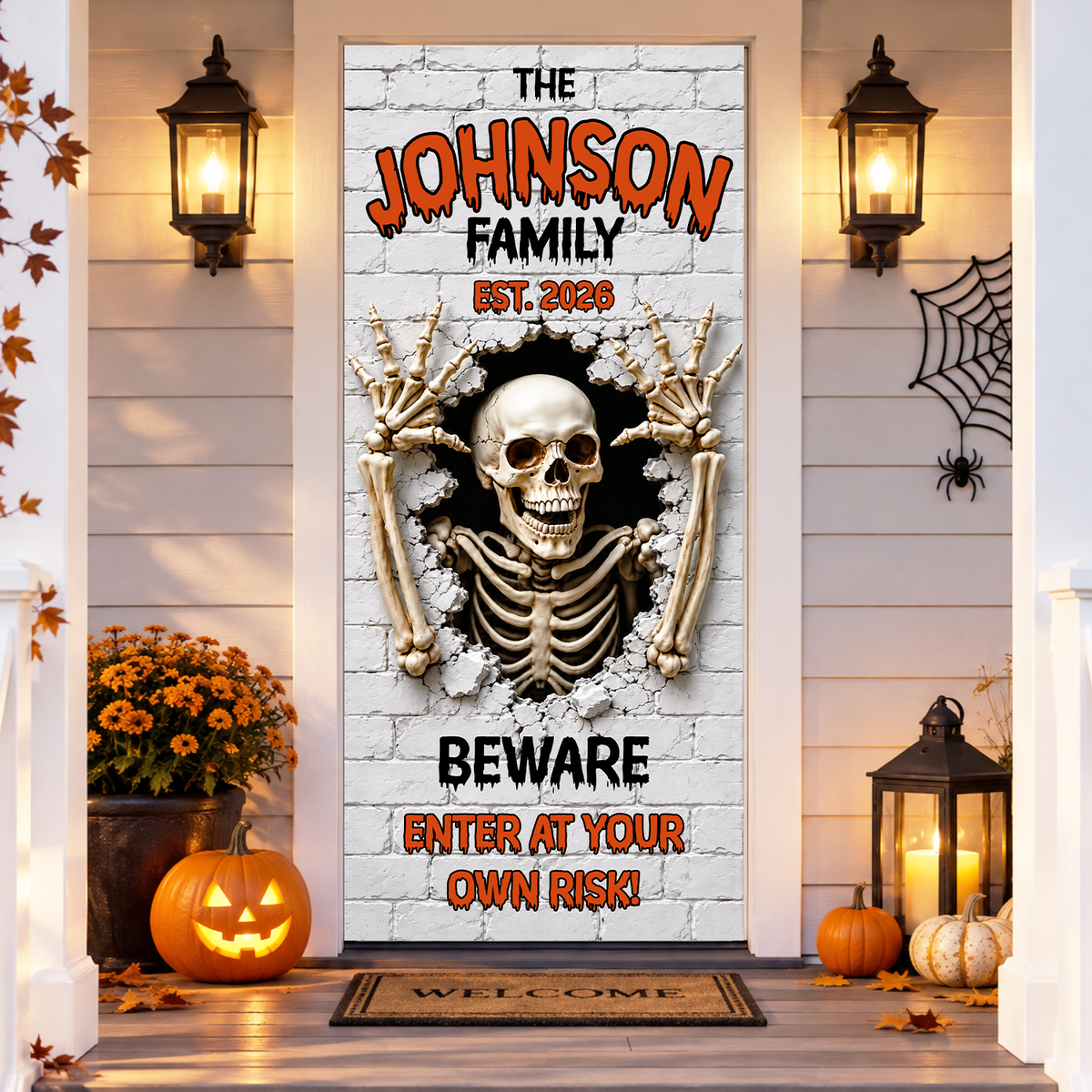 Custom Family Name Skeleton Beware Door Cover Halloween Door Decor LM32 670005