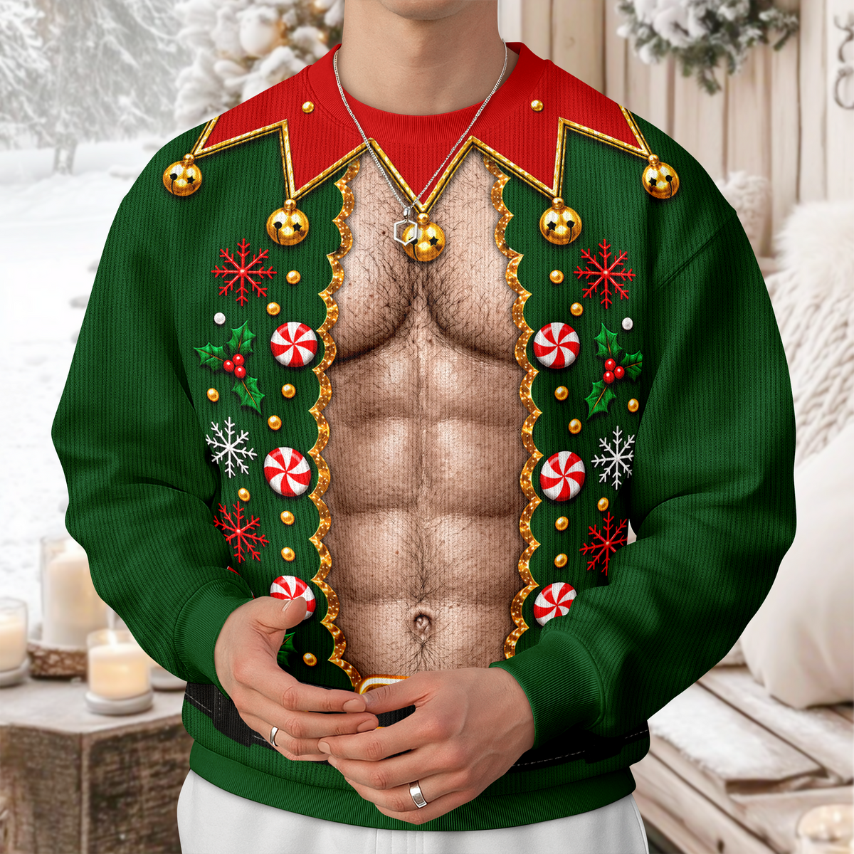 Funny Elf Shirtless Body Illusion Ugly Sweater TH10 171041