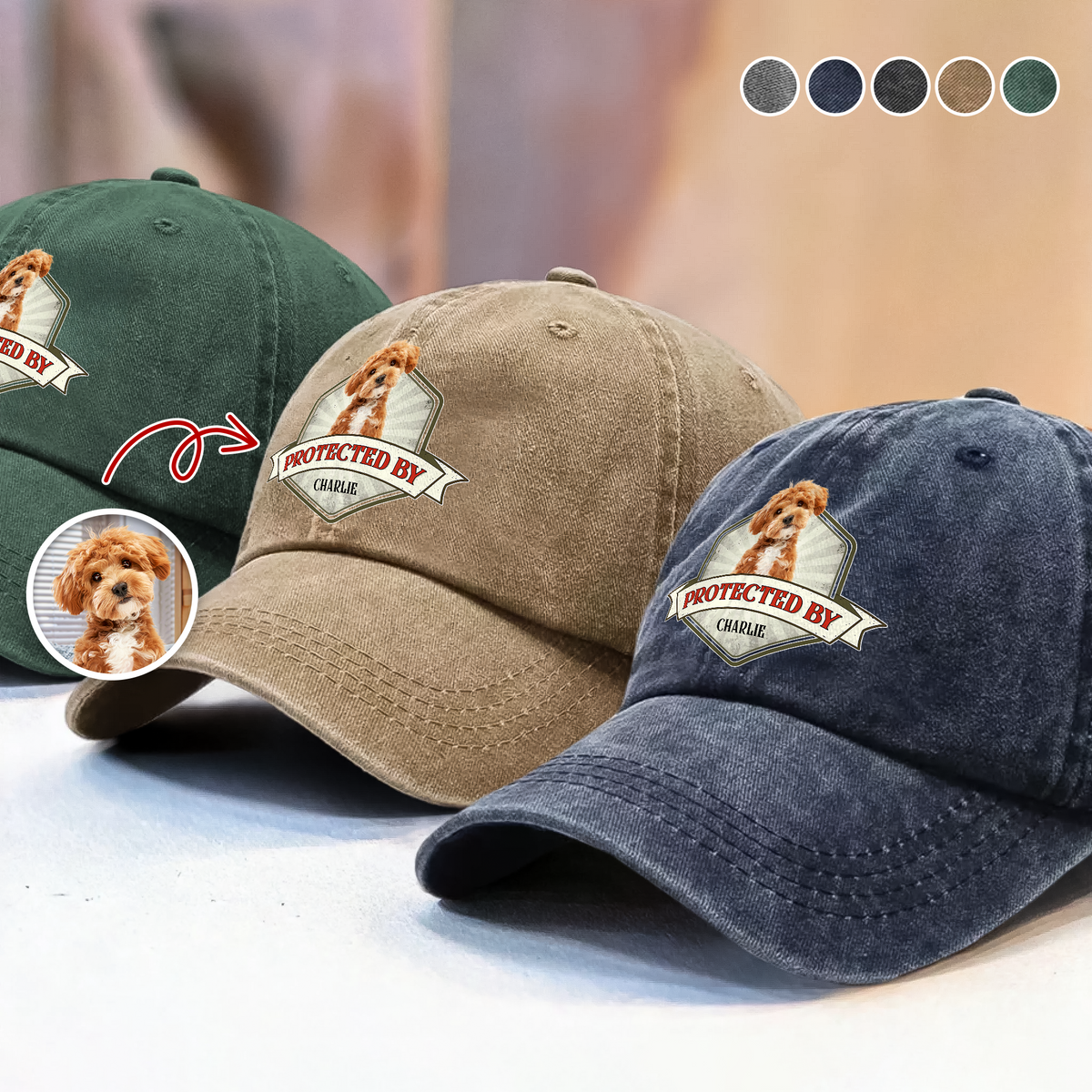 Custom Photo Protected By Dog Washed Denim Baseball Cap For Dog Lovers LM32 895103