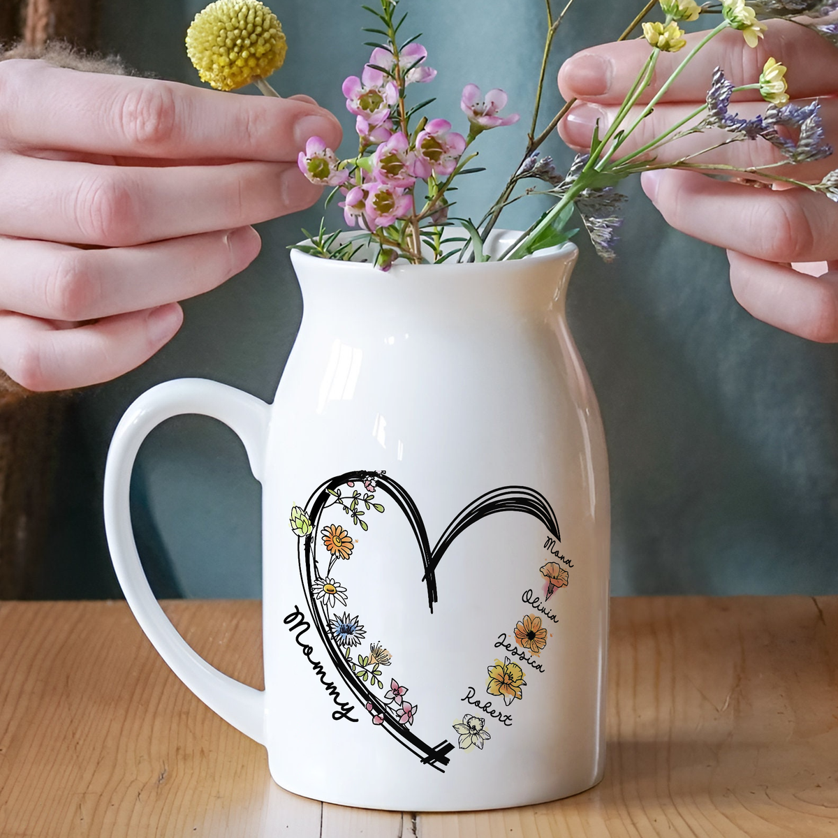 Personalized Names & Birth Flowers Vase with Heart, Mother's Day, Birthday Gift CH07 910886