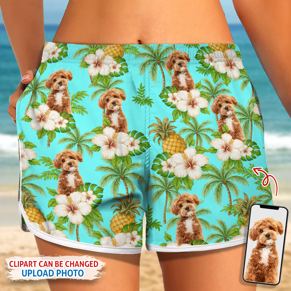 Custom Dog Cat Photo Tropical Pattern Woman's Beach Shorts Gift For Dog Cat Lovers HO82 894276