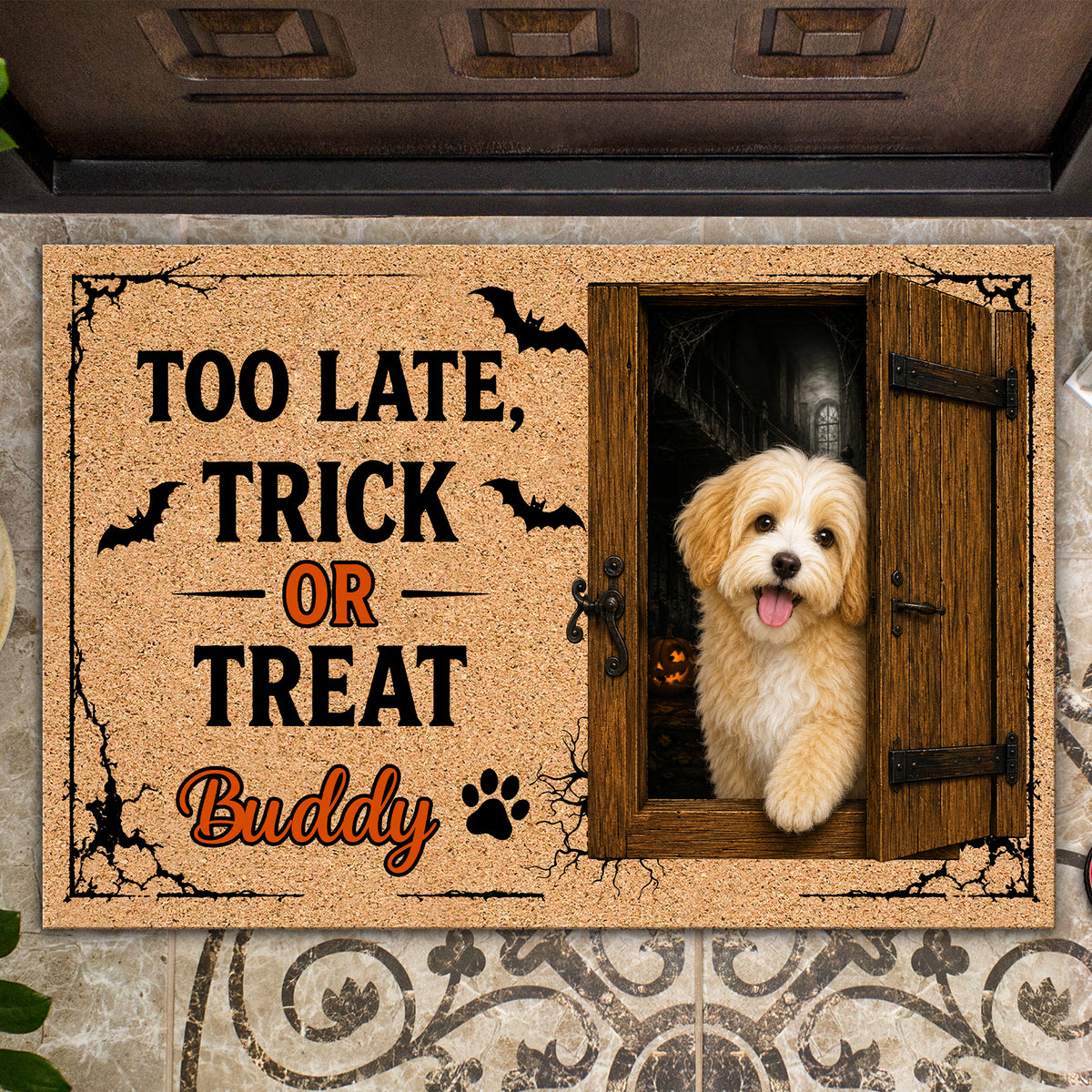 Custom Dog Photo You're Too Late, Trick or Treat Halloween Doormat LM32 669575