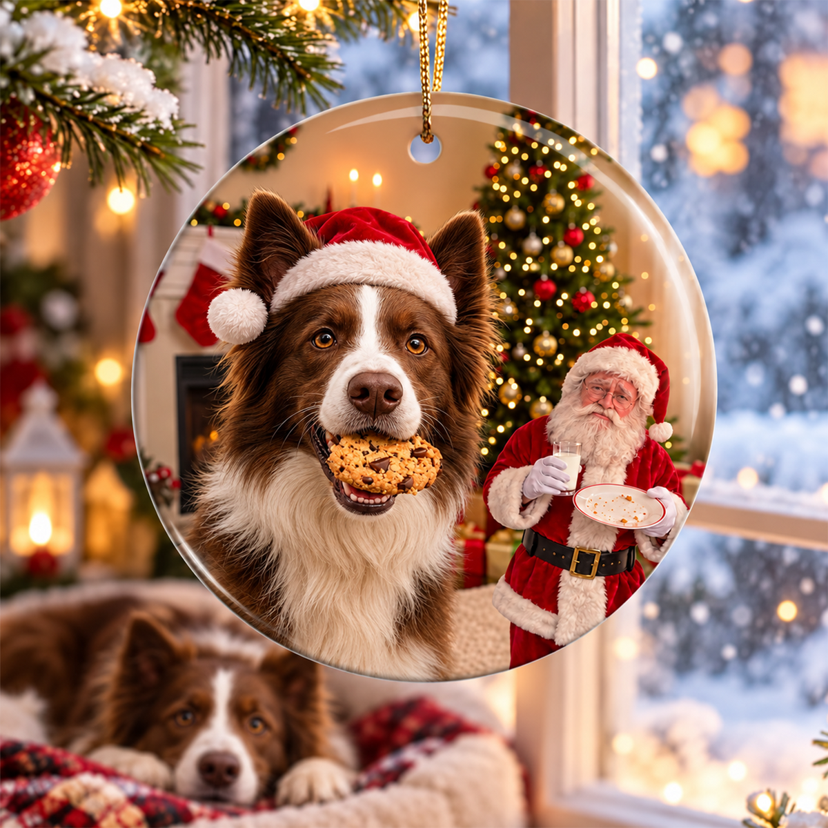 Custom Photo Funny Dog Steals Cookie From Santa Personalized Ceramic Ornament HA75 919588