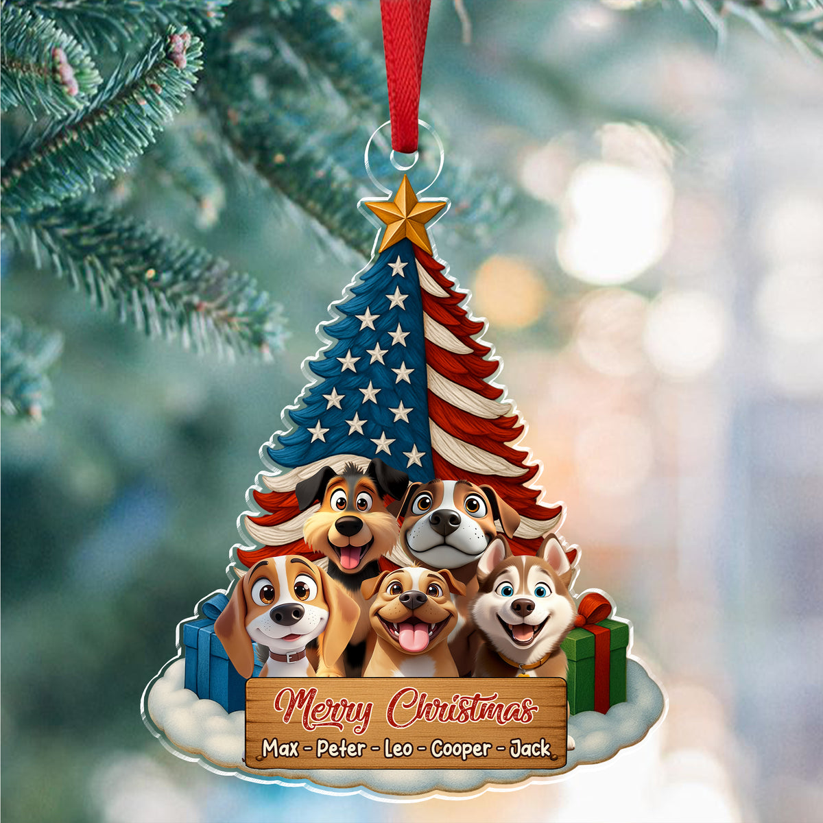 Custom Cute 3D Dog US Flag Christmas Tree Acrylic Ornament For Dog Lovers HA75 898066
