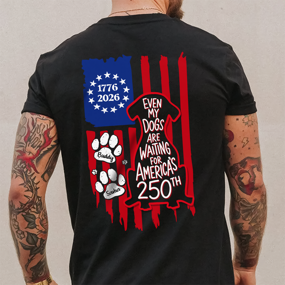Personalized Even My Dog Is Waiting For America's 250th With US Flag Back Dark Shirt - Gift For Dog Lovers HO82 902864