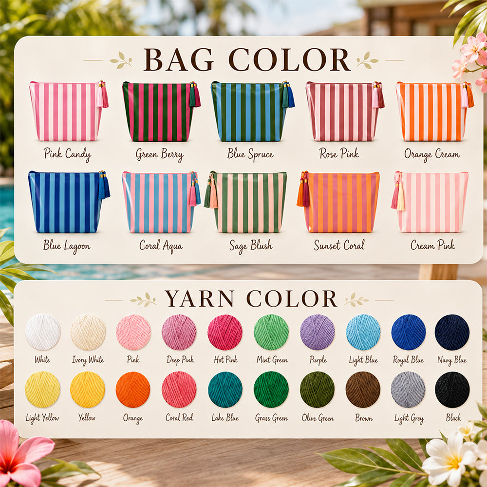 Custom Name Embroidered Waterproof Striped Cosmetic Pouch, Travel Makeup Bag For Summer Vacation
