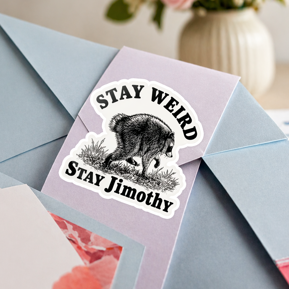 Stay Weird Stay Jimothy Raccoon Roll Sticker – Funny Trash Panda Meme CH07 180232