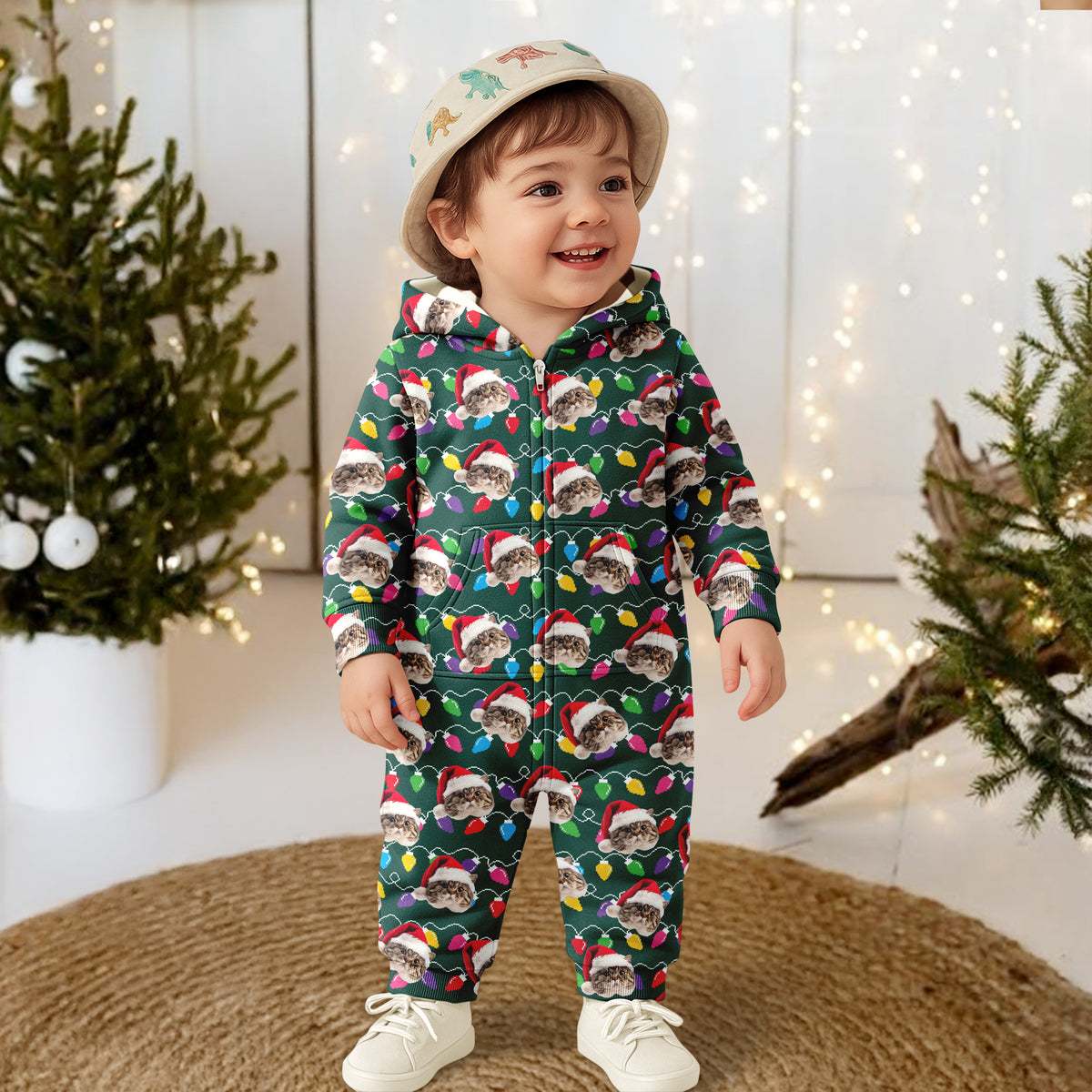 Custom Cat Face Photo With Colorful Christmas Lights Onesie Pajamas HO82 900202