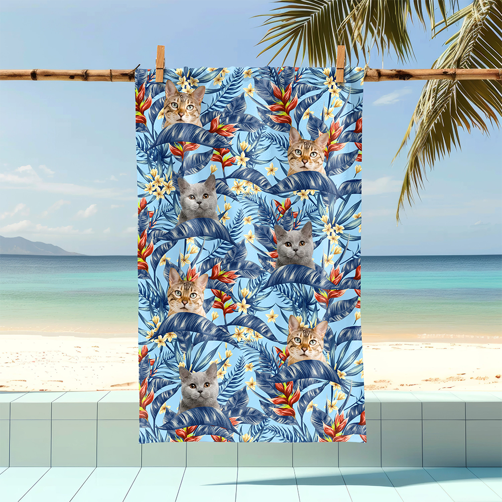Custom Hawaii In The Air Face Cat Photo Beach Towel HO82 894010