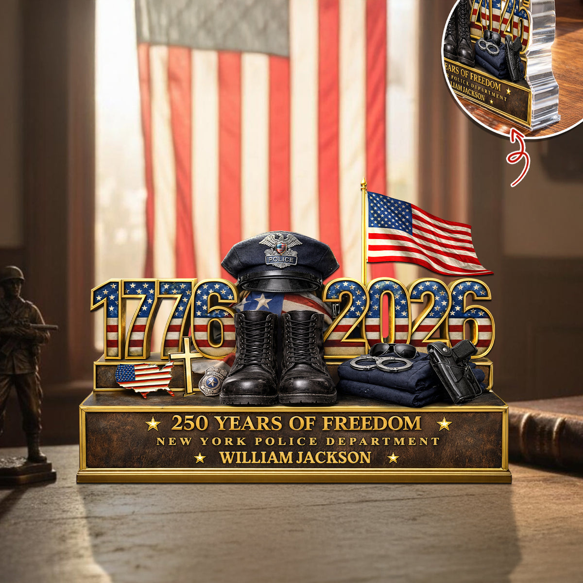 Personalized Police Office 250 Years Of Freedom 1776–2026 Acrylic Block Plaque - Police Gift, Patriotic Memorial Decor HO82 901888