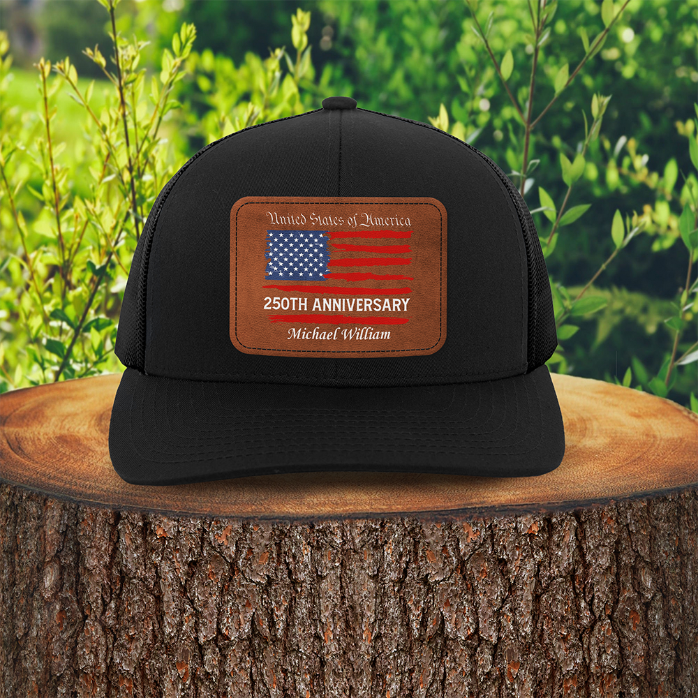 Custom Name USA 250th Anniversary America Flag Leather Patch Hat HO82 902306