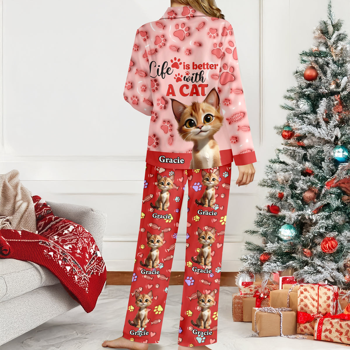 Custom Cat Name Life Is Better With Cats 3D Effect Pajamas LM32 895933